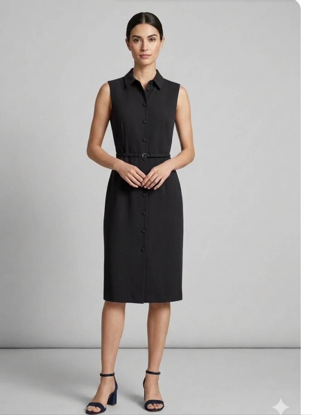 CASUAL CORNER Sleeveless Black Midi Shirt Dress with Slim Belt SZ 12 - Picture 2 of 11